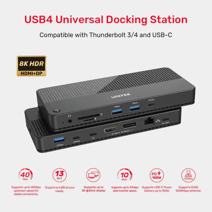 Unitek D1079A Docking Station, 12-in-1 USB 4 (2*Type C 10Gb+USB 10Gb+2*USB+SD/Micro+DP+HDMI 8K+Audio+1Gb Lan+PD 100W), Bla