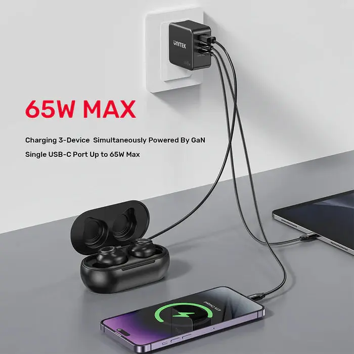 Unitek P1117B Power Supply, 65W, 2xType-C 65w, USB QC 3.0 30W