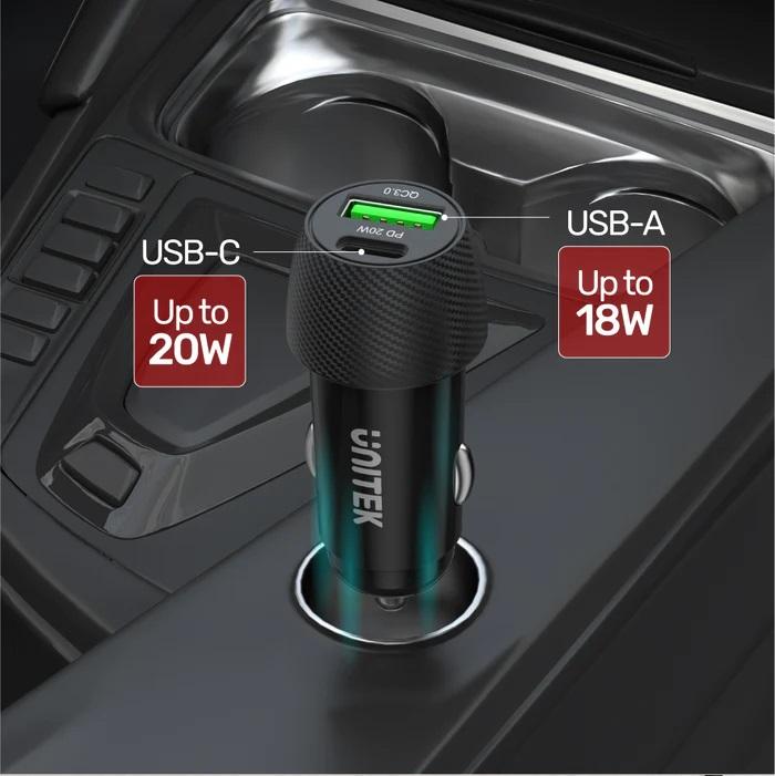 P1400A, Unitek 38W 2-Port Car Charger (USB-C PD 20W + USB-A QC3.0), Black