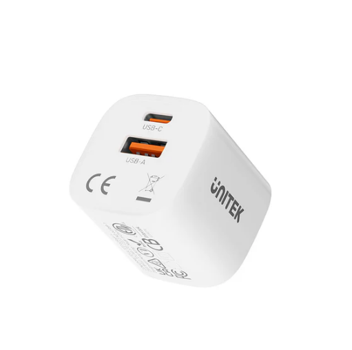 P1125AWH01-EU Unitek max 33W Wall Charger, EU, USB-A + USB-C Output, White