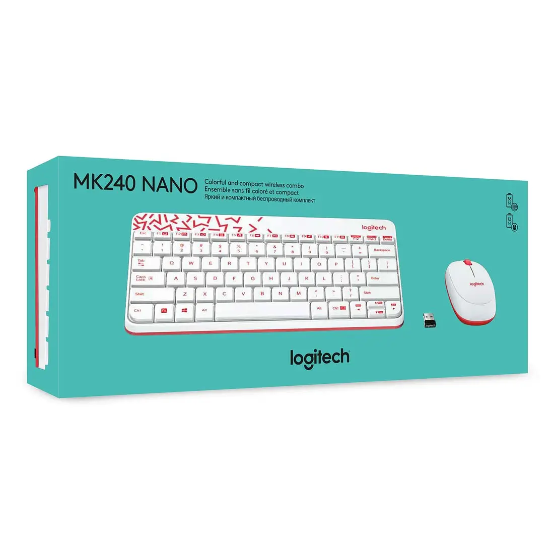 Logitech MK240 Keyboard, Nano Wireless Combo, WHITE/VIVID RED