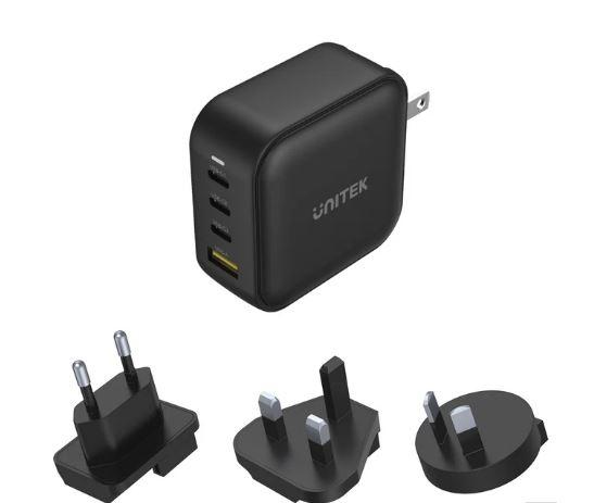 Unitek P1112ABK Charger, 100W 4-in-1 USB GaN Charger (3*USB-C PD + USB-A QC3.0), With US/EU/UK/AU Plugs, Black