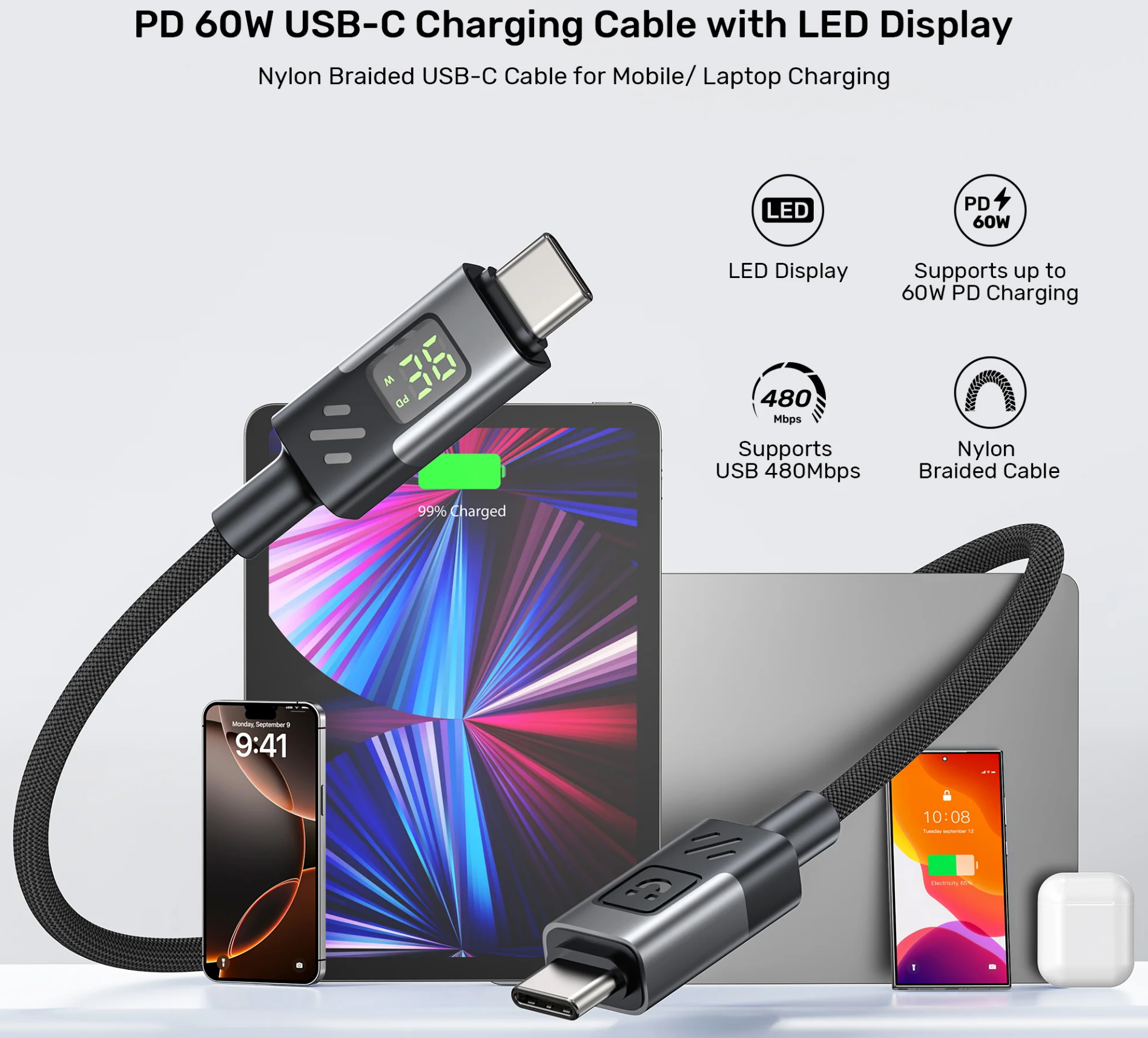 Unitek C14158ABK01-1M BLACK 2M USB-C PD 60w charging cable with LED Display