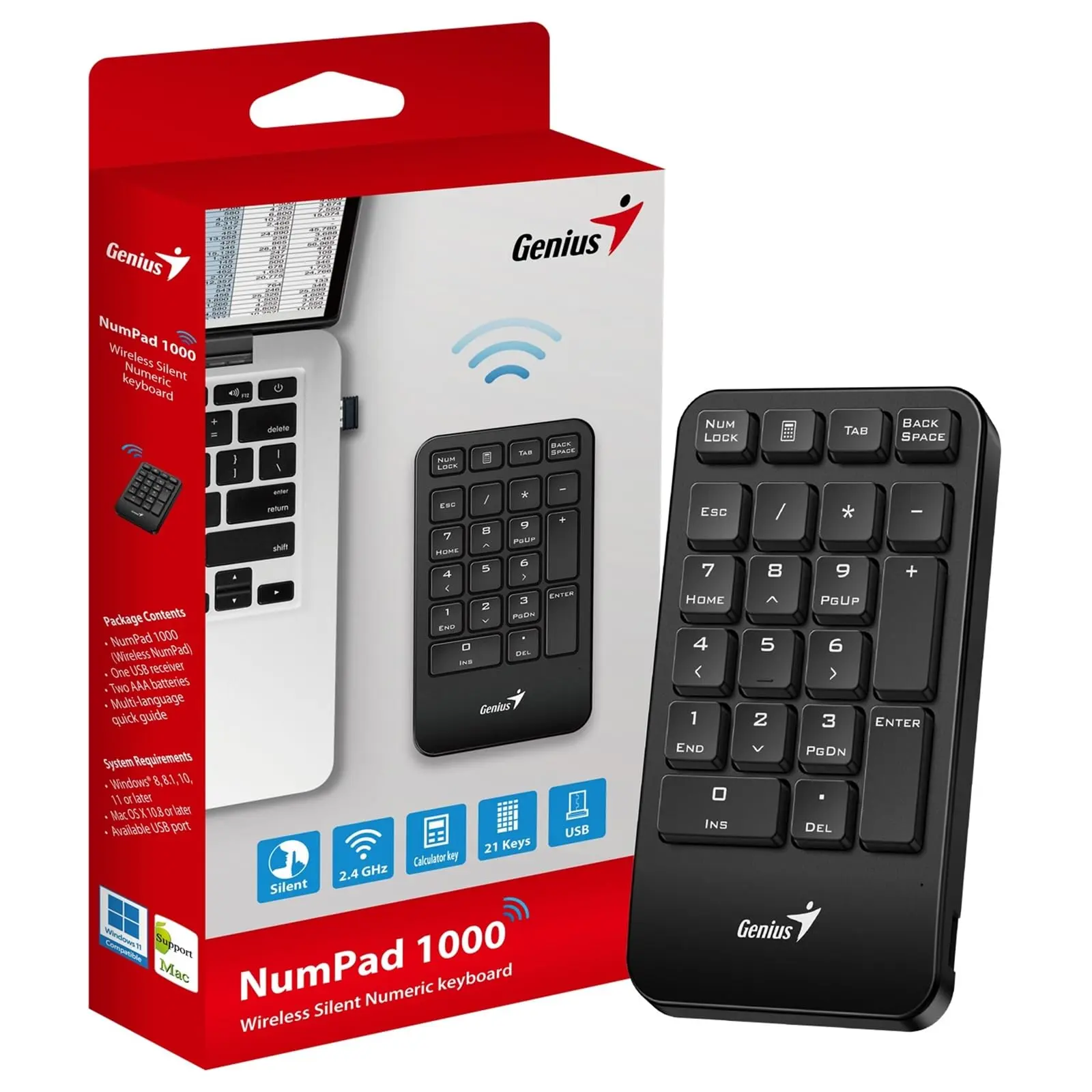 Genius NumPad 1000 Keyboard, Portable Numberpad with Palm Rest, Wireless, BLACK