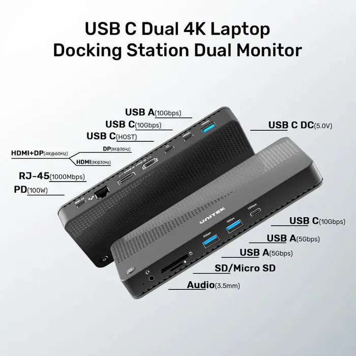 Unitek D1079A Docking Station, 12-in-1 USB 4 (2*Type C 10Gb+USB 10Gb+2*USB+SD/Micro+DP+HDMI 8K+Audio+1Gb Lan+PD 100W), Bla