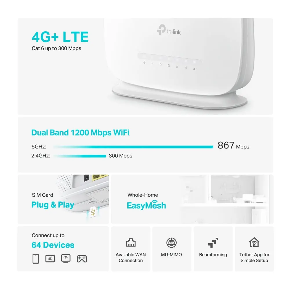 TP-Link Archer MR505, 4G+ Cat6 AC1200 Wireless Dual Band Gigabit Router