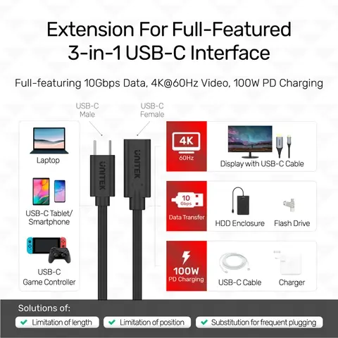 C14086BK, Unitek Type-C 0.5M Full-Featured USB Male to Female Extension Cable, USB3.2 CM to C FM, with DATA 10Gbps/Display 4K/P
