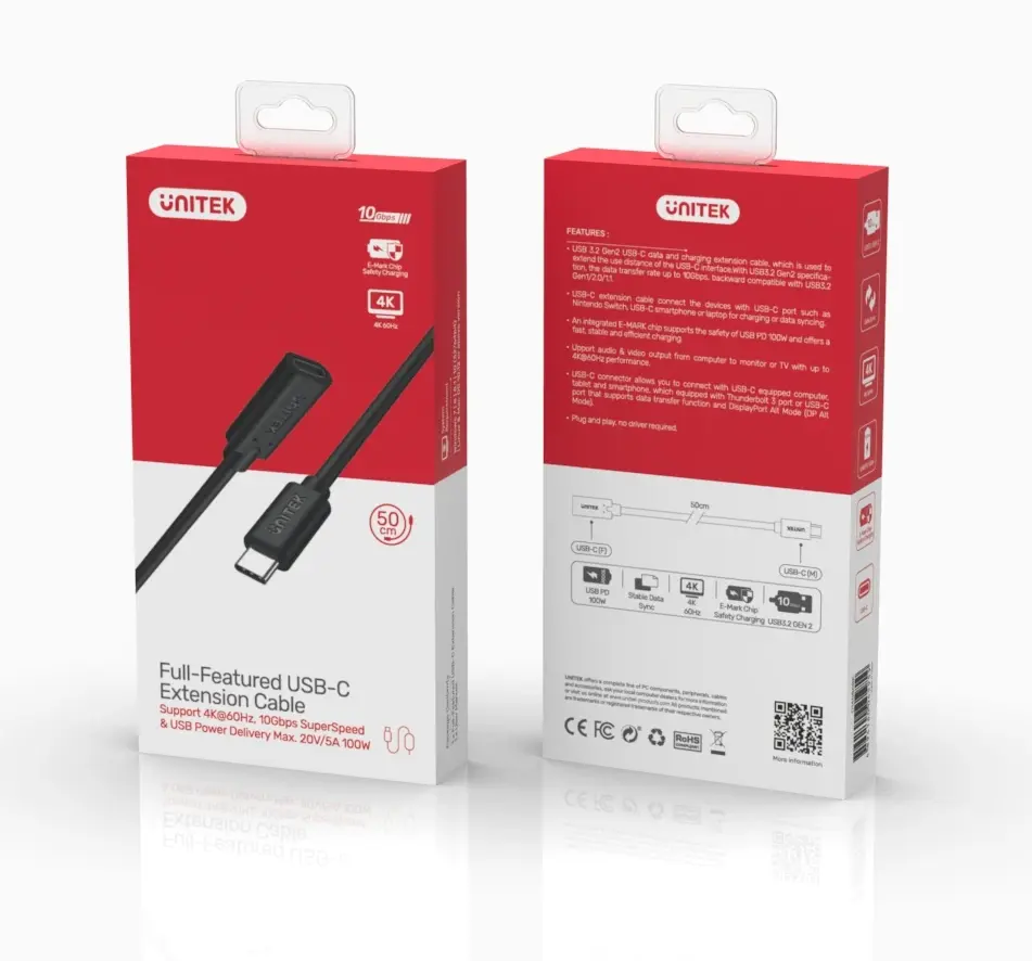 C14086BK, Unitek Type-C 0.5M Full-Featured USB Male to Female Extension Cable, USB3.2 CM to C FM, with DATA 10Gbps/Display 4K/P