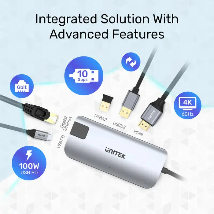 Unitek D1028A 5-In-1 USB3.1 10Gbps Multi-Port Hub (2-Port USB-A 10Gbps + HDMI 4K60Hz + RJ45 + PD 100W), Space Grey