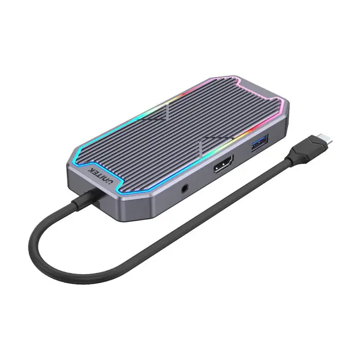Unitek D1029A 7-in-1 USB-C 10Gbps Hub with RGB Light (2*USB-A 10Gbps + USB-C 10Gbps + HDMI 4K60Hz + Gigabit Ethernet + Audio + PD 100W)