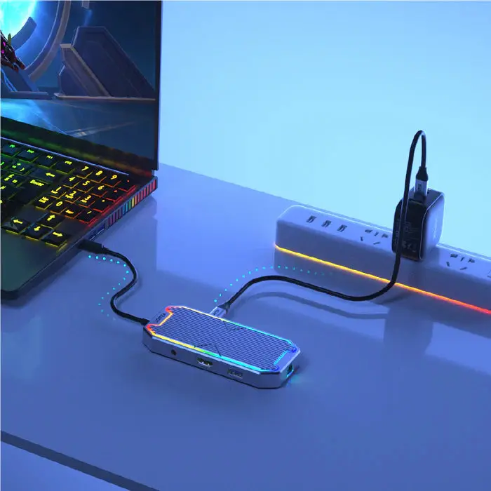 Unitek D1029A 7-in-1 USB-C 10Gbps Hub with RGB Light (2*USB-A 10Gbps + USB-C 10Gbps + HDMI 4K60Hz + Gigabit Ethernet + Audio + PD 100W)