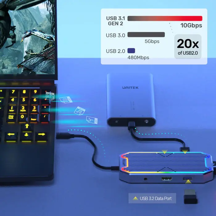 Unitek D1029A 7-in-1 USB-C 10Gbps Hub with RGB Light (2*USB-A 10Gbps + USB-C 10Gbps + HDMI 4K60Hz + Gigabit Ethernet + Audio + PD 100W)