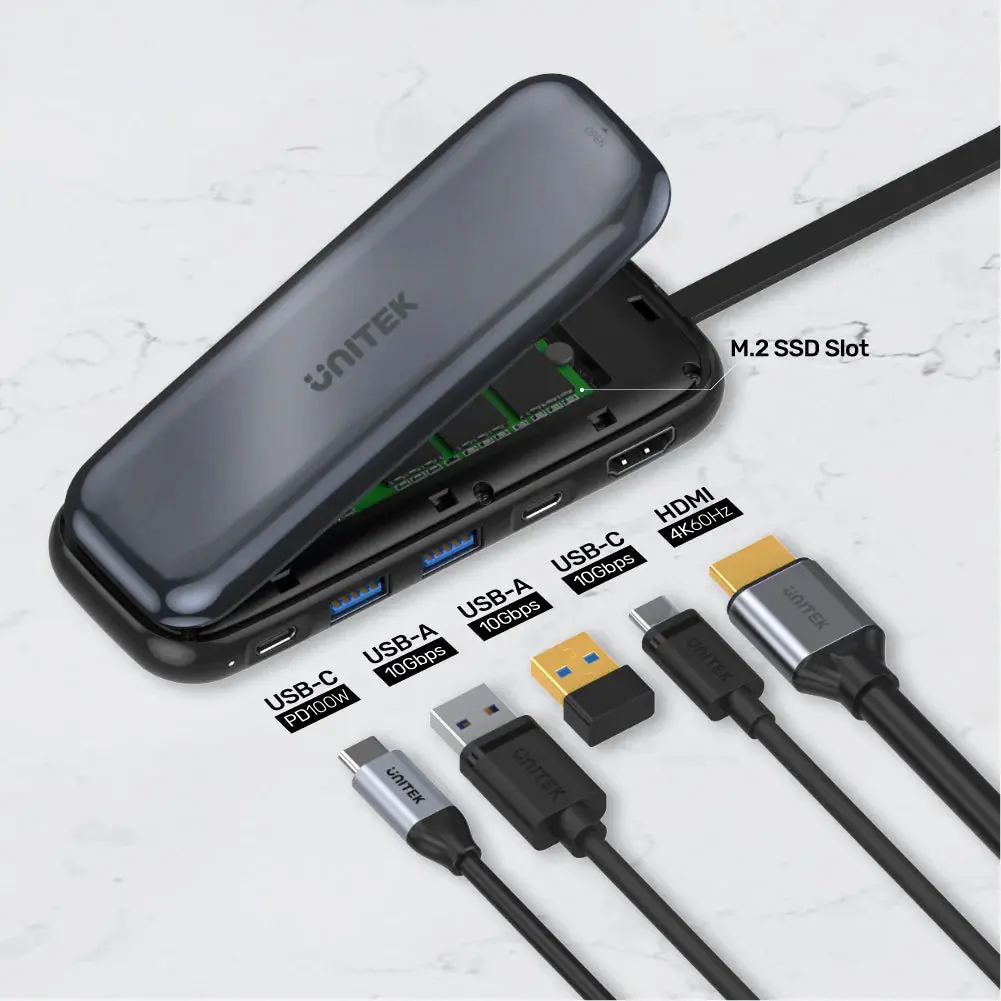 Unitek D1046A 6-in-1 USB-C 10Gbps Hub with M.2 SSD Enclosure 2*USB-A+USB-C 10Gbps+PD100W+HDMI 4K60Hz+M.2 PCIe/NVMe SSD