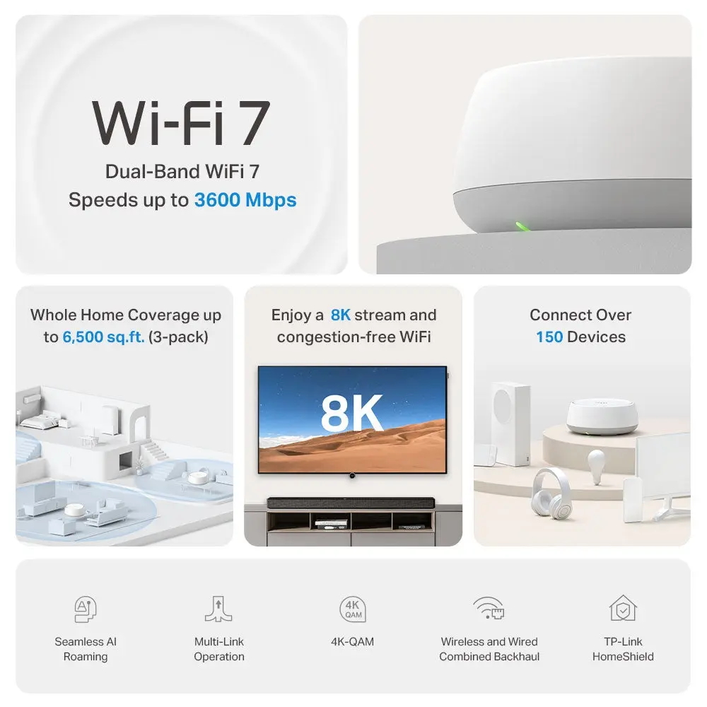 TP-Link Deco BE22(3-pack), BE3600 Whole Home Mesh WiFi 7 System