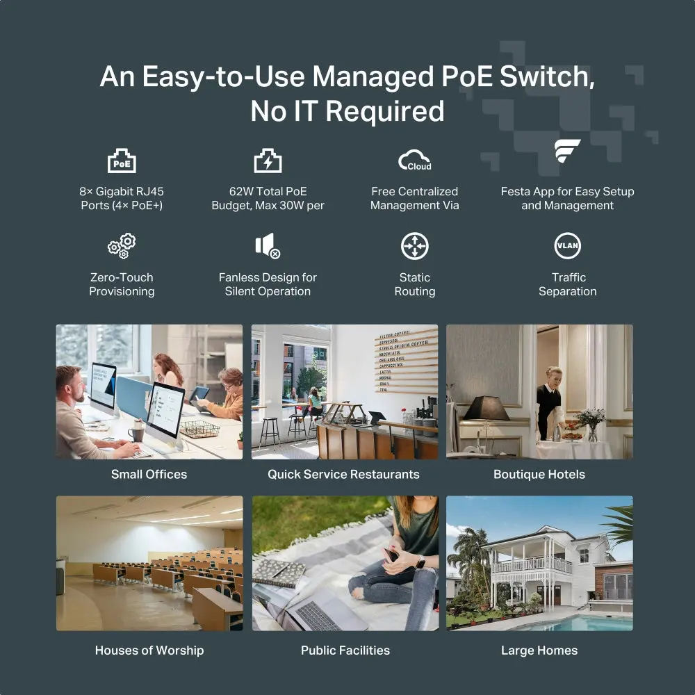 TP-Link Festa FS308GP, 8-Port Gigabit Smart Switch with 4-Port PoE+ 62W