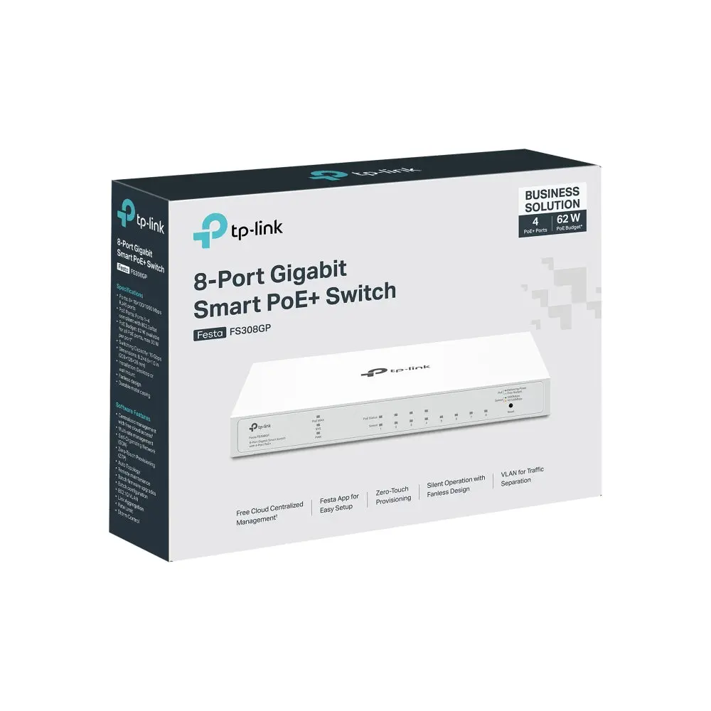 TP-Link Festa FS308GP, 8-Port Gigabit Smart Switch with 4-Port PoE+ 62W