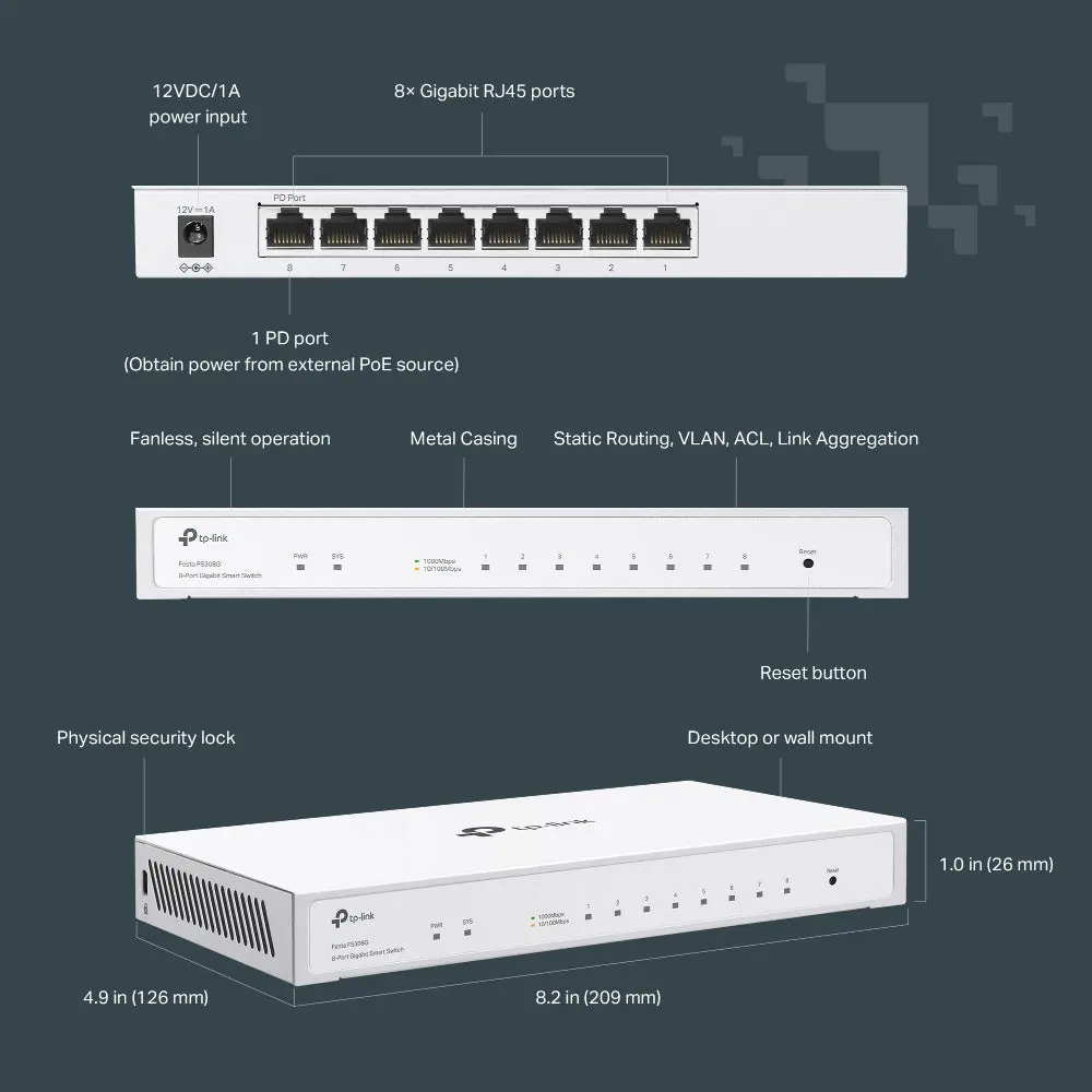 TP-Link Festa FS308G, 8-Port 10/100/1000Mbps Smart Switch, Supports PoE input