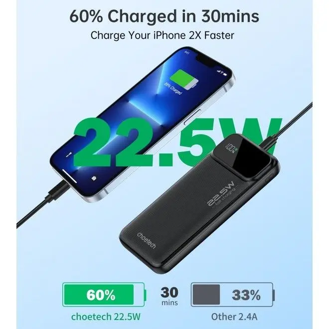 Choetech B728 Power Bank, 10000mAh, 22.5W, Dual USB-A+Type-C, Digital Screen