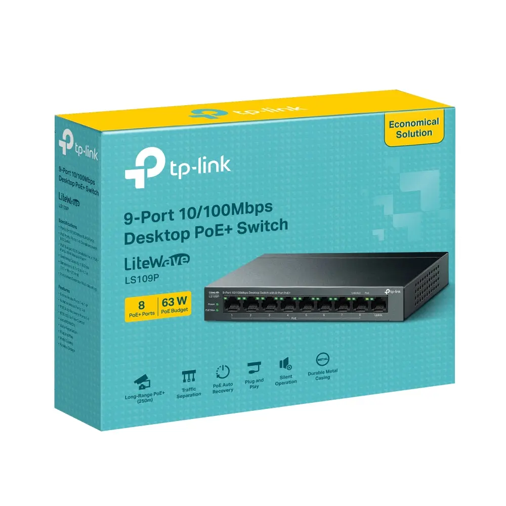 TP-Link LS109P, 9-Port 10/100Mbps Desktop Switch with 8-Port PoE+