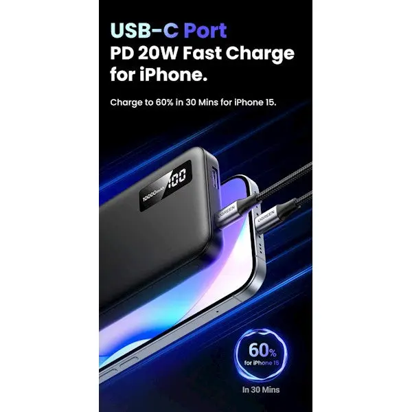 UGREEN, 25742, Power Bank, 10000mAh, USB-C, USB, Two-way Power Bank, Black