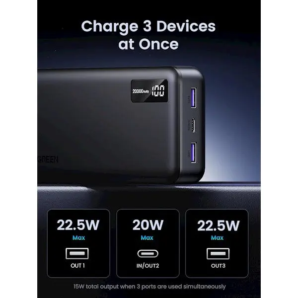 UGREEN, PB312(25683), Power Bank, 2000mAh, USB Type-C Two-way, Black