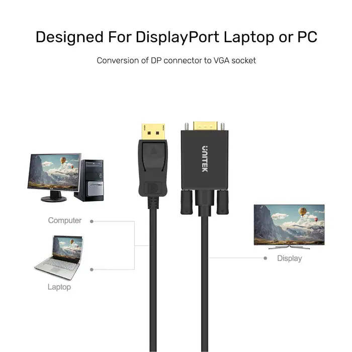 Y-5118F, Unitek 1.8m Display Port Male to VGA Male Adapter