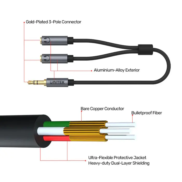 Unitek Y-C956ABK 0.2M, 3.5MM AUX Audio Cable - Male to 2*Female