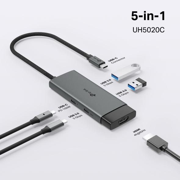 UH5020C, TPLINK, Type C Adapter, USB Type-C 5 in 1 Hub, 4K@60Hz HDMI, 100W PD, 1× USB-C Data Port, 2× USB-A Data Ports