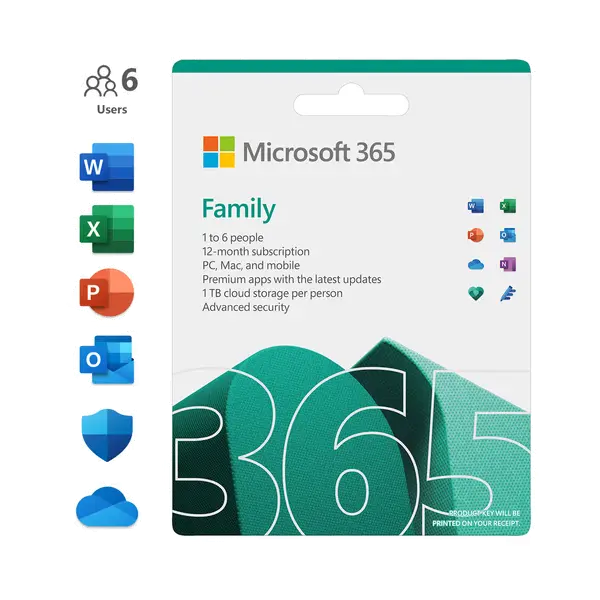 6GQ-00084 Microsoft 365 Family 1 year Electronic keys Works on PC, Mac, iPhone, iPad, and Android phones and tablets Up to 6