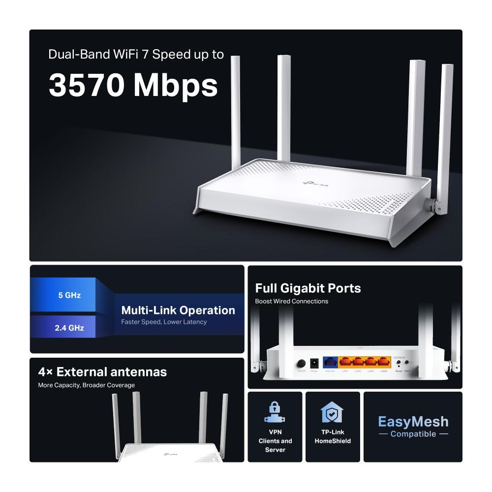 TP-Link Archer BE220W, BE3600 Dual-Band Wi-Fi 7 Router