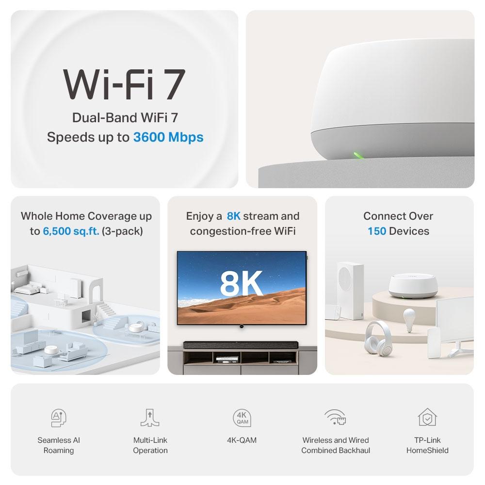 TP-Link Deco BE22(2-pack), BE3600 Whole Home Mesh WiFi 7 System