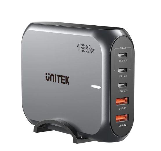 Unitek P1234A Charger, 188W 5-in-1 PD3.1 Desktop Charging Station (2*Type C 140W+Type C 30W+USB 30W+USB 18W), 1.5M Power C