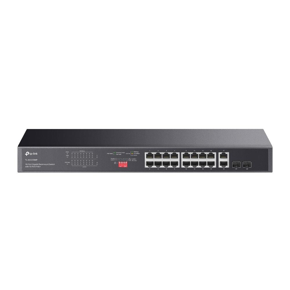 TP-Link TL-SG1218MP, 16× Gigabit PoE+ RJ45 ports, 2× Gigabit on-PoE RJ45 ports, and 2× Combo Gigabit SFP slots 802.3af/at