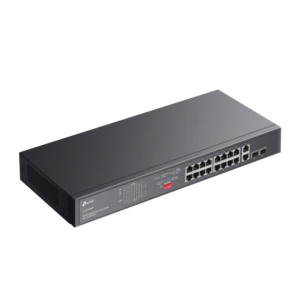 TP-Link TL-SG1218MP, 16× Gigabit PoE+ RJ45 ports, 2× Gigabit on-PoE RJ45 ports, and 2× Combo Gigabit SFP slots 802.3af/at