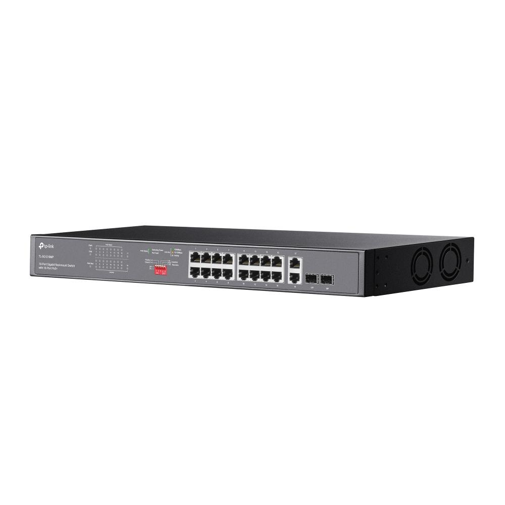 TP-Link TL-SG1218MP, 16× Gigabit PoE+ RJ45 ports, 2× Gigabit on-PoE RJ45 ports, and 2× Combo Gigabit SFP slots 802.3af/at
