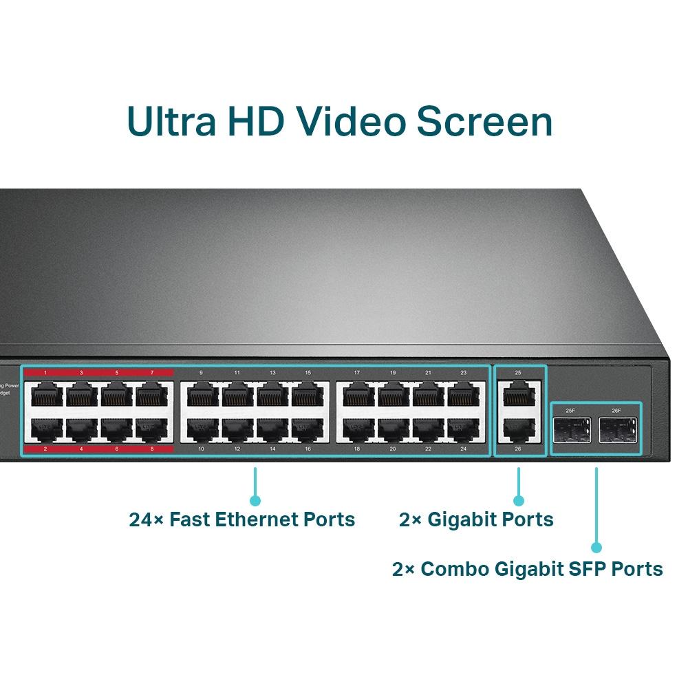 TP-Link TL-SL1226P, 24-Port 10/100Mbps + 2-Port Gigabit Rackmount Switch with 24-Port PoE+