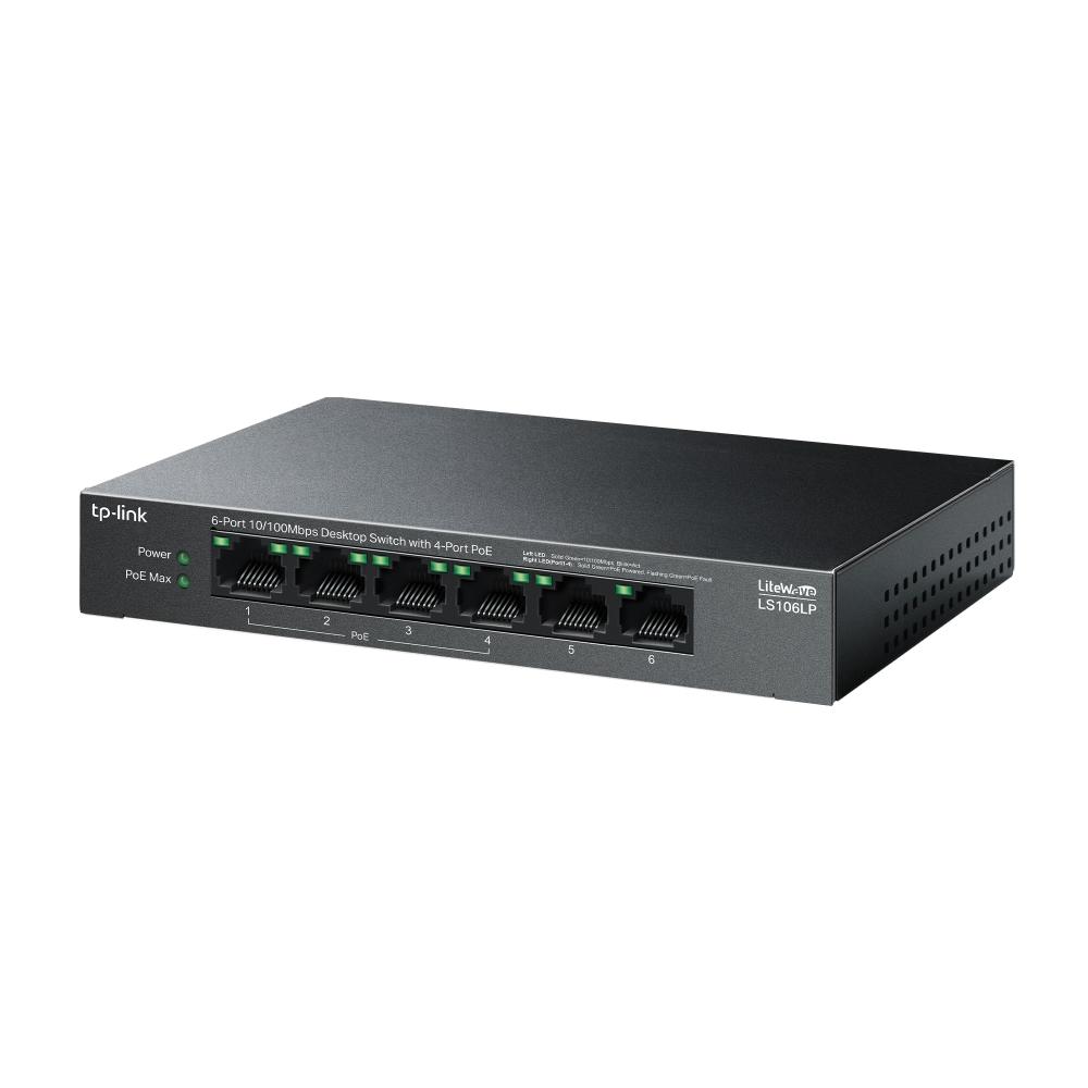 TP-Link LS106LP, 6-Port 10/100Mbps Desktop Switch with 4-Port PoE, 41 W