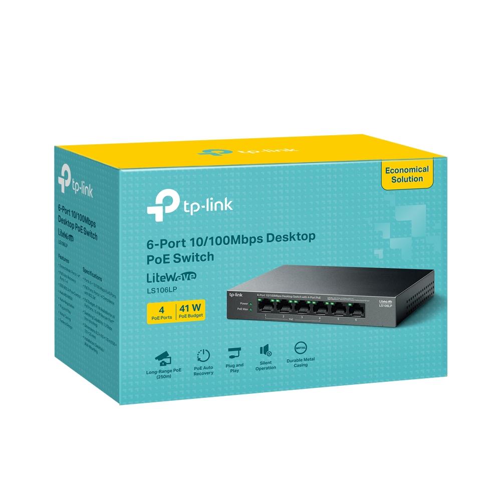 TP-Link LS106LP, 6-Port 10/100Mbps Desktop Switch with 4-Port PoE, 41 W