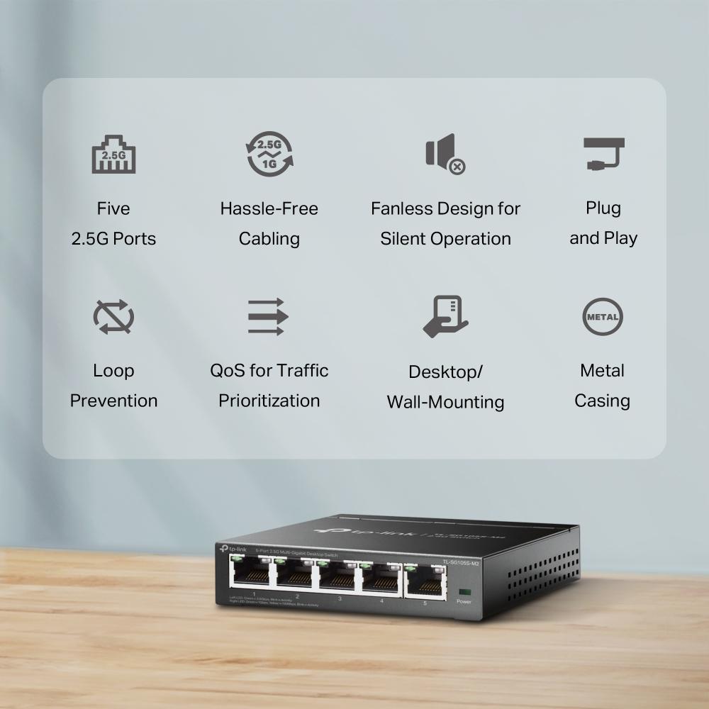 TP-Link TL-SG105S-M2 Switch, 5-Port 2.5G Multi-Gigabit Desktop Switch