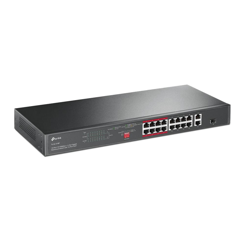 TP-Link TL-SL1218P, 16-Port 10/100 Mbps + 2-Port Gigabit Rackmount Switch with 16-Port PoE+