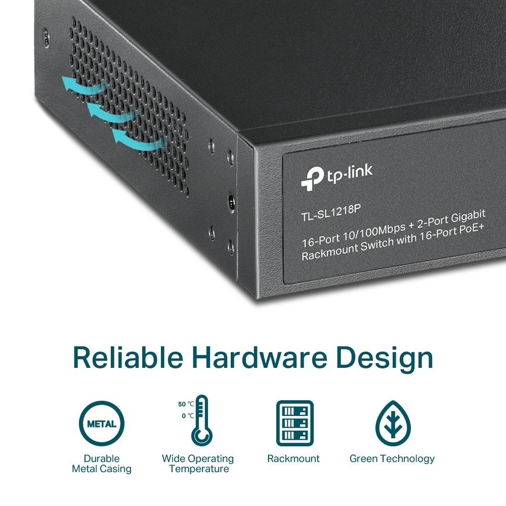 TP-Link TL-SL1218P, 16-Port 10/100 Mbps + 2-Port Gigabit Rackmount Switch with 16-Port PoE+
