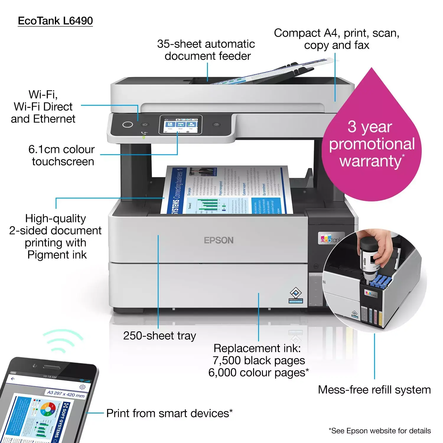 Epson EcoTank L6490 A4 ფერადი მულტიფუნქციური WiFi პრინტერი