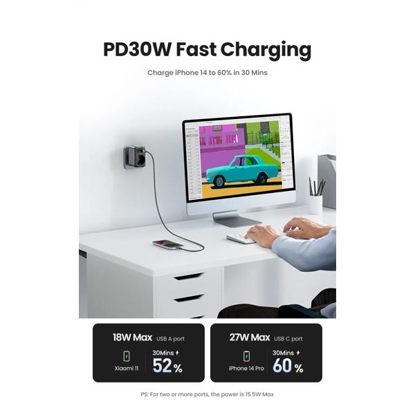 UGREEN CD314 Adapter, 30W, 1 Socket, USB-A, USB-C, Gray