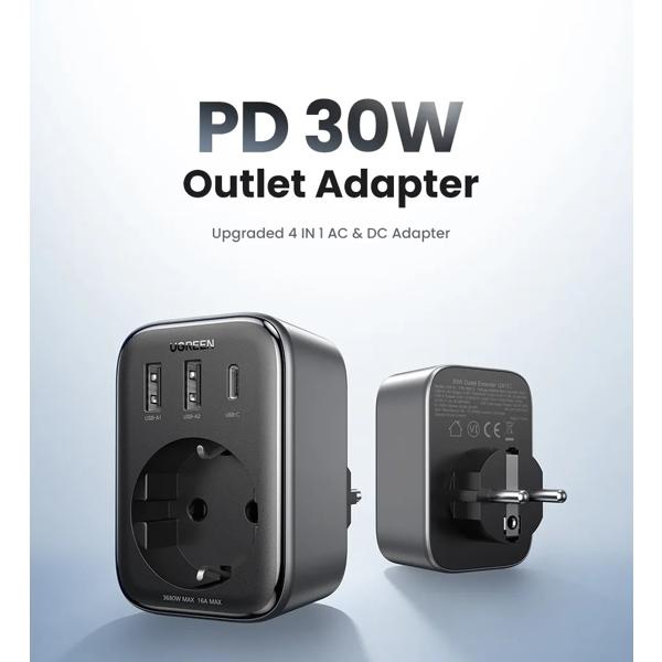 UGREEN CD314 Adapter, 30W, 1 Socket, USB-A, USB-C, Gray