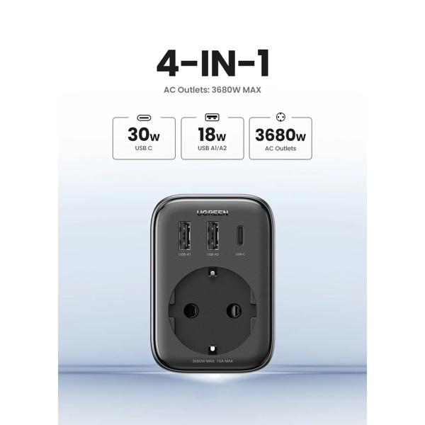 UGREEN CD314 Adapter, 30W, 1 Socket, USB-A, USB-C, Gray