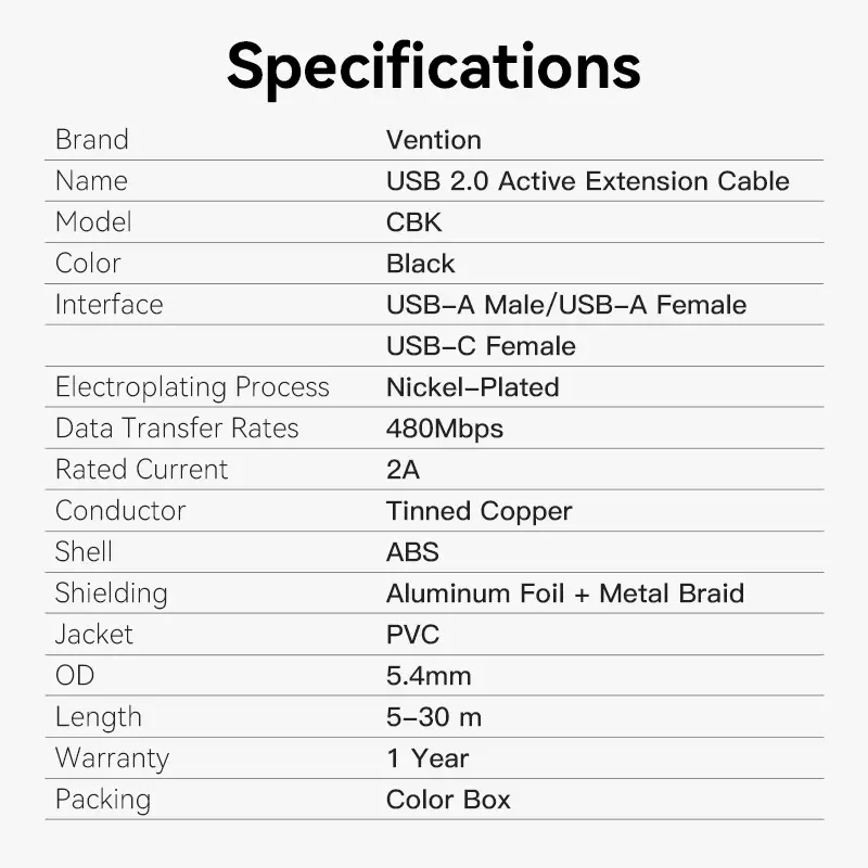 Vention CBKBN, USB 2.0 Type-A Male to Type-A Female Active Extension Cable 15M Black