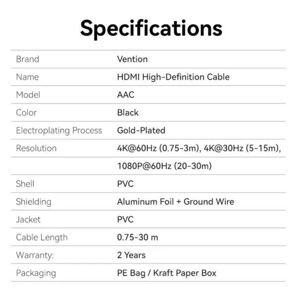 AACBQ, Vention HDMI Male to Male Cable 20M Black