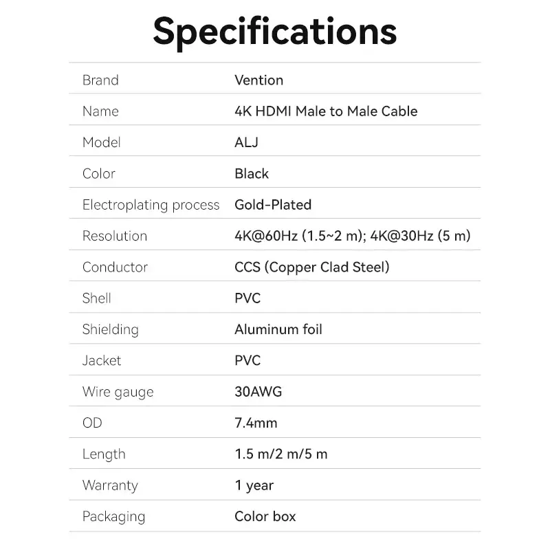 ALIBL, Vention HDMI-A Male to Male 4K HD Cable PVC Type 10M Black