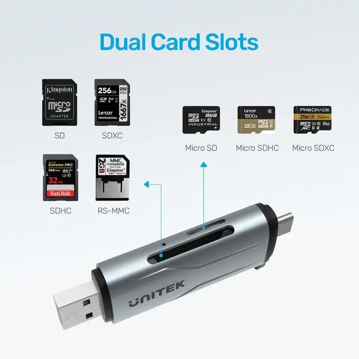 Unitek R1010A Card Reader, USB A/C to Micro SD/SD Card Reader