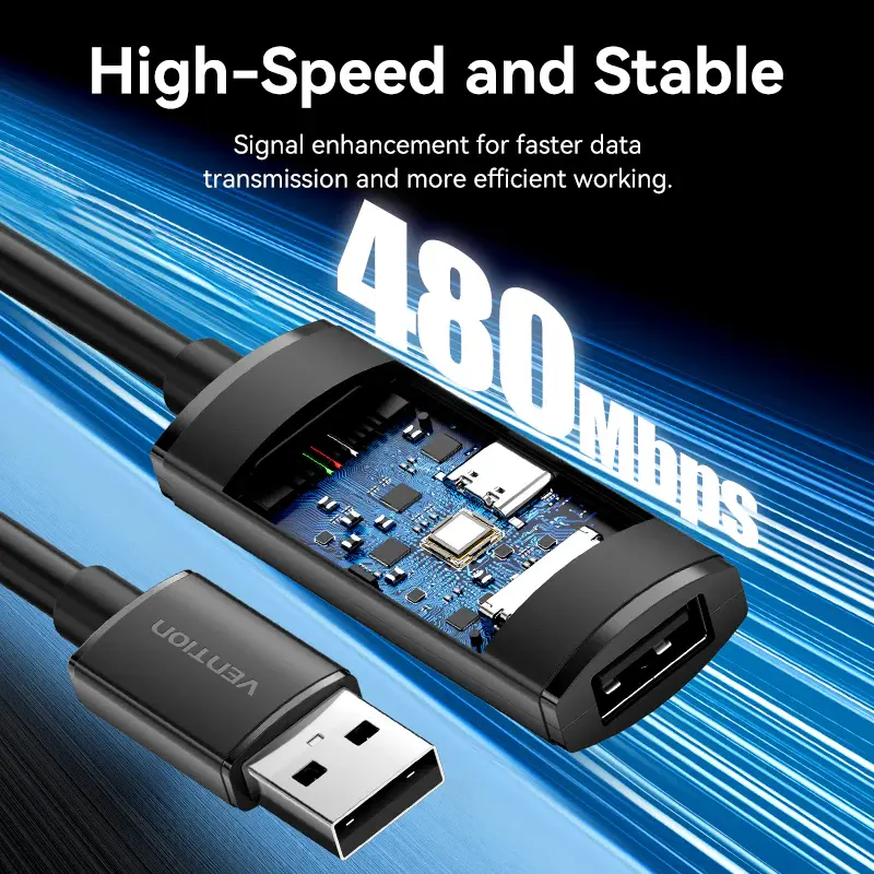 Vention CBKBN, USB 2.0 Type-A Male to Type-A Female Active Extension Cable 15M Black